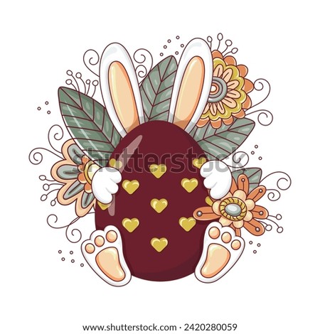 Easter bunny hid behind an egg a background of bright flowers and leaves, isolated on a white background. This Easter egg is decorated with hearts. Hand-drawn. Vector illustration.