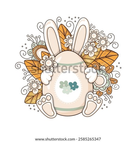Easter bunny hid behind an egg a background of bright flowers and leaves, isolated on a white background. This Easter egg is decorated with hearts. Hand-drawn. Vector illustration.