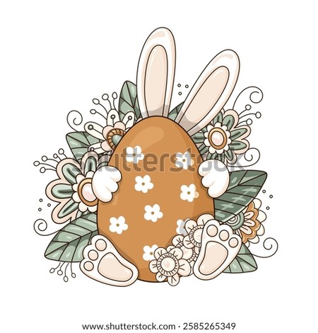 Easter bunny hid behind an egg a background of bright flowers and leaves, isolated on a white background. This Easter egg is decorated with hearts. Hand-drawn. Vector illustration.