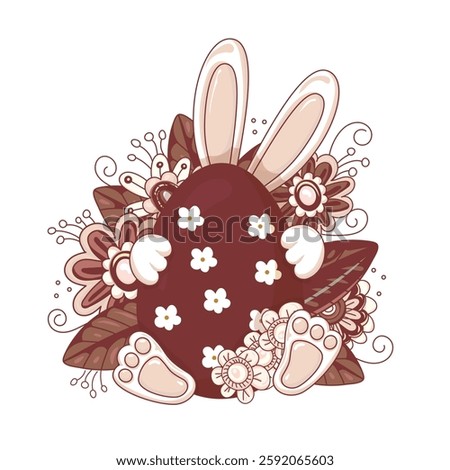 Easter bunny hid behind an egg a background of bright flowers and leaves, isolated on a white background. This Easter egg is decorated with hearts. Hand-drawn. Vector illustration.