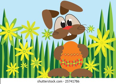 easter bunny hidden in grass and flowers holding orange easter egg