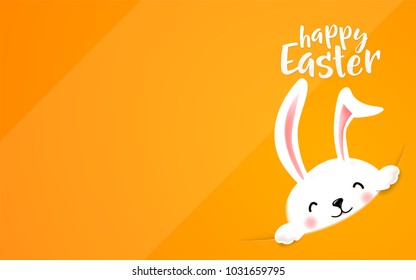 Easter bunny hide at the corner. Cute funny rabbit in the hole wish happy Easter holiday. A lot of empty copy space on light orange background. Vector illustration