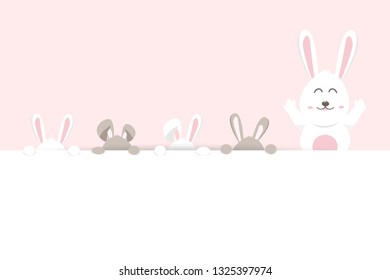 Easter, bunny hide and play, pink pastel greeting card holiday, adorable rabbit, cute cartoon invitation vector illustration