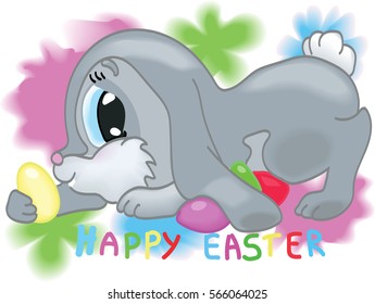 The Easter Bunny hides colored eggs. Inscription Happy Easter.