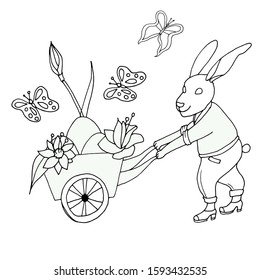 Easter bunny hides eggs in flowers. Black and white coloring book in the style of hand-drawing.