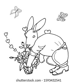 Easter bunny hides eggs in flowers. Black and white coloring book in the style of hand-drawing.