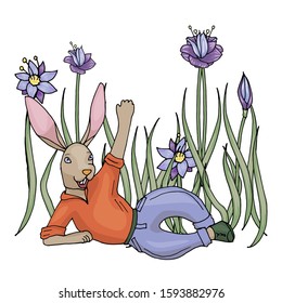 Easter bunny hides eggs in flowers. Color illustration in the style of hand-drawing.