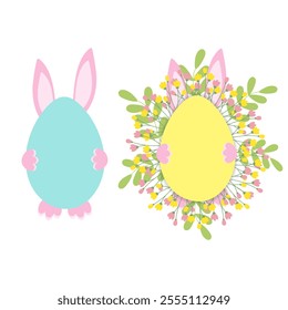 Easter bunny hiding behind Easter Egg and egg shape frame with blossom twigs and spring leaves Set 2