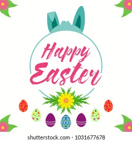 Easter Bunny Hiding Behind a Floral Happy Easter Card with Decorative Easter Eggs Background