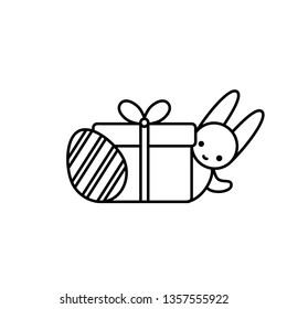 Easter bunny hiding behind a gift box with 2 decorated eggs. Thin line vector icon, linear graphic symbol isolated on white. Holiday design