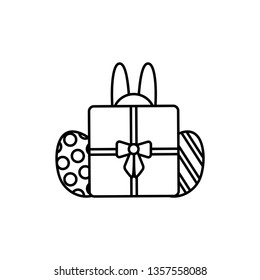 Easter bunny hiding behind a gift box with 2 decorated eggs. Thin line vector icon, linear graphic symbol isolated on white. Holiday design