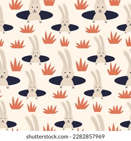 Conejo de Pascua escondido en un patrón de madriguera. Fondo transparente de primavera para impresión, textil, papel envolvente, tela. Diseño de superficie plana