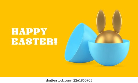 Easter bunny hiding half painted chicken egg happy holiday greeting banner design template realistic vector illustration. Religious Christianity rabbit character congratulations springtime celebrate