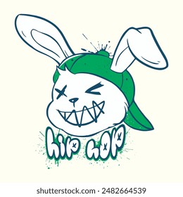 Easter Bunny Hip Hop Graffiti Typography Design Printing For T-shirt Sweatshirt. Bunny sketch vector illustration. t shirts, postcards.Vector illustration of a hip-hop bunny wearing a hat