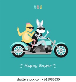 Easter Bunny hipster and  chick rocker riding on motorcycle. Inscription Happy Easter. Vector illustration