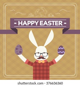 Easter Bunny Hipster Style Mustache Glasses Holding Egg Flat Vector Illustration