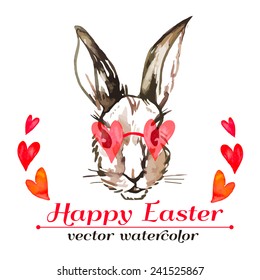 Easter bunny hipster. Watercolor. Vector. Happy Easter.
