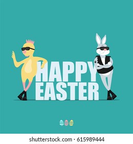 Easter Bunny hipster and yellow chick. Inscription Happy Easter.  Greeting card 2018