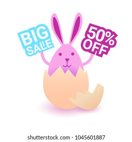 Easter Bunny Hold Big Easter Sign Shopping Holiday Special Offer Card Design Vector Illustration