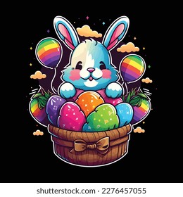 Easter bunny holding a basket of colorful Easter eggs