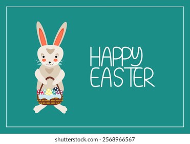 Easter bunny holding a basket with colorful eggs on a green background with the inscription happy Easter - vector illustration for the design of postcards, banners, packaging