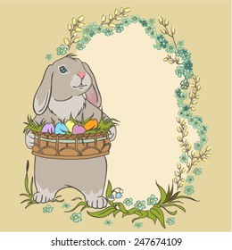 Easter bunny holding a basket with eggs. Retro card. Illustration in vector format