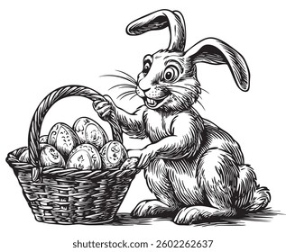 Easter bunny holding a basket of eggs in engraving style