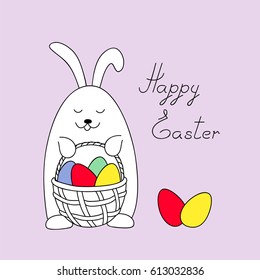 Easter bunny holding a basket with easter eggs and handwritten headline "Happy Easter". Illustration for greeting and invitation easter card, print for decorate. eps 10
