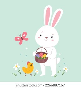 Easter bunny holding a basket of eggs.Easter card.Cute spring illustration.