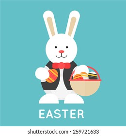  Easter bunny holding a basket with painted eggs. Flat illustration.