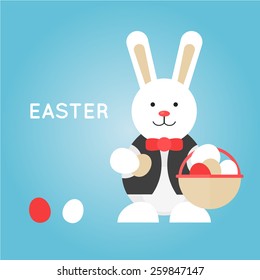 Easter bunny holding a basket with painted eggs. Flat illustration.