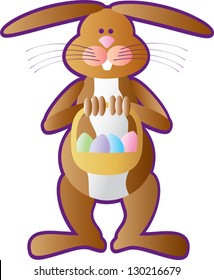 An easter bunny holding a basketful of colored eggs.