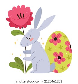 Easter bunny holding a big flower.Easter egg.Postcard.Hand drawn flat illustration.