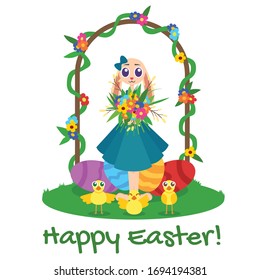 Easter bunny holding bouquet of the flowers, surrounded by chicks colorful eggs. Happy Easter Sign