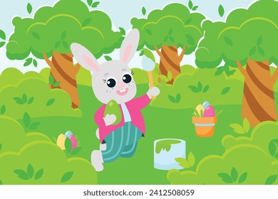 The Easter bunny is holding a brush in his paws in the middle of a green meadow. Bunny paints decorative eggs. Illustration of a scene in a cartoon style.