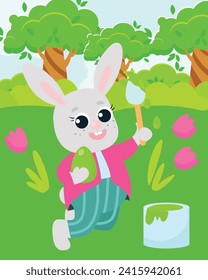 The Easter bunny is holding a brush in his paws in the middle of a green meadow.Illustration of a scene in a cartoon style.  Bunny paints decorative eggs. 