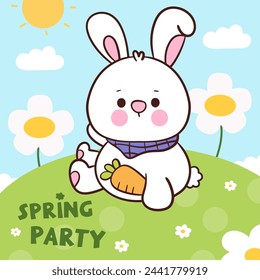 Easter bunny holding carrot. Series: Kawaii animals cute rabbit egg hunting (Character cartoon). Spring activities holiday. Perfect make a wish for baby t shirt fairy tale book, celebration party.