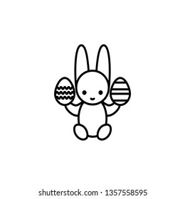 Easter bunny holding decorated eggs; thin line vector icon, linear graphic symbol isolated on white. Holiday design