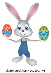 Easter bunny holding decorative and colorful easter eggs