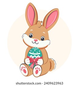 Osterhase, die ein gefärbtes Ei in ihren Kühen hält.  Frühlingsferien, Symbol für Kultur und Fruchtbarkeit.  Cartoon Zeichnung für Webdesign.