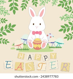 Conejito de Pascua sosteniendo un huevo en el fondo de una ilustración de cuento de hadas