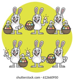 Easter Bunny Holding Egg and Basket Set Characters. Vector Illustration. Mascot Character.