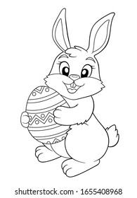 Easter Bunny holding Easter egg. Black and white vector illustration for coloring book
