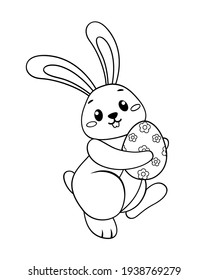 Easter Bunny holding Easter egg. Black and white vector illustration for coloring book