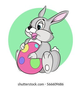 Easter bunny holding an egg. The character is drawn in a classic style. Isolated on white background.