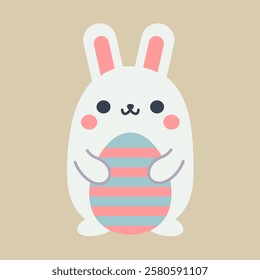 Easter bunny holding an easter egg. Cute cartoon character in kawaii style and elegant pastel colors. Easter clipart design element. Simple icon or logo.