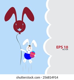 Easter bunny holding egg floating in the air by balloons.
