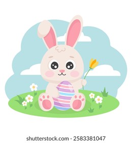 Easter bunny holding an egg and flower on a spring meadow. Vector illustration