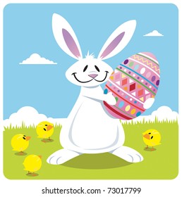 Easter bunny holding Easter egg with four baby chicks