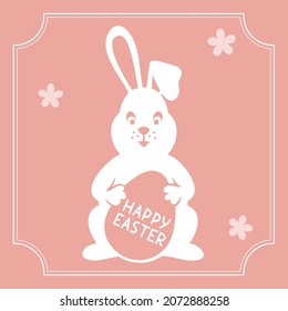 Conejo de Pascua sosteniendo huevo de Pascua sobre fondo rosado. Ilustración vectorial de tarjeta de Easter